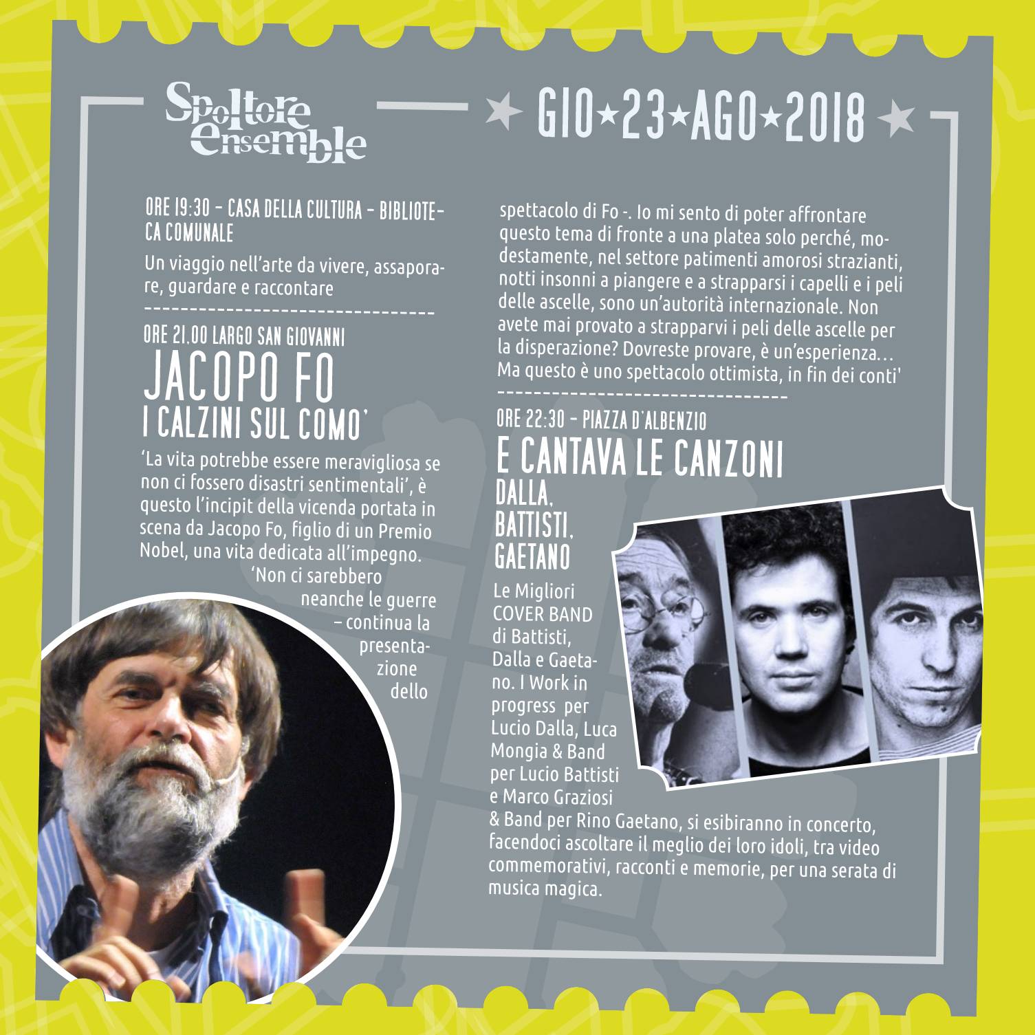 Il 23 agosto Jacopo Fo al Spoltore Ensemble 2018